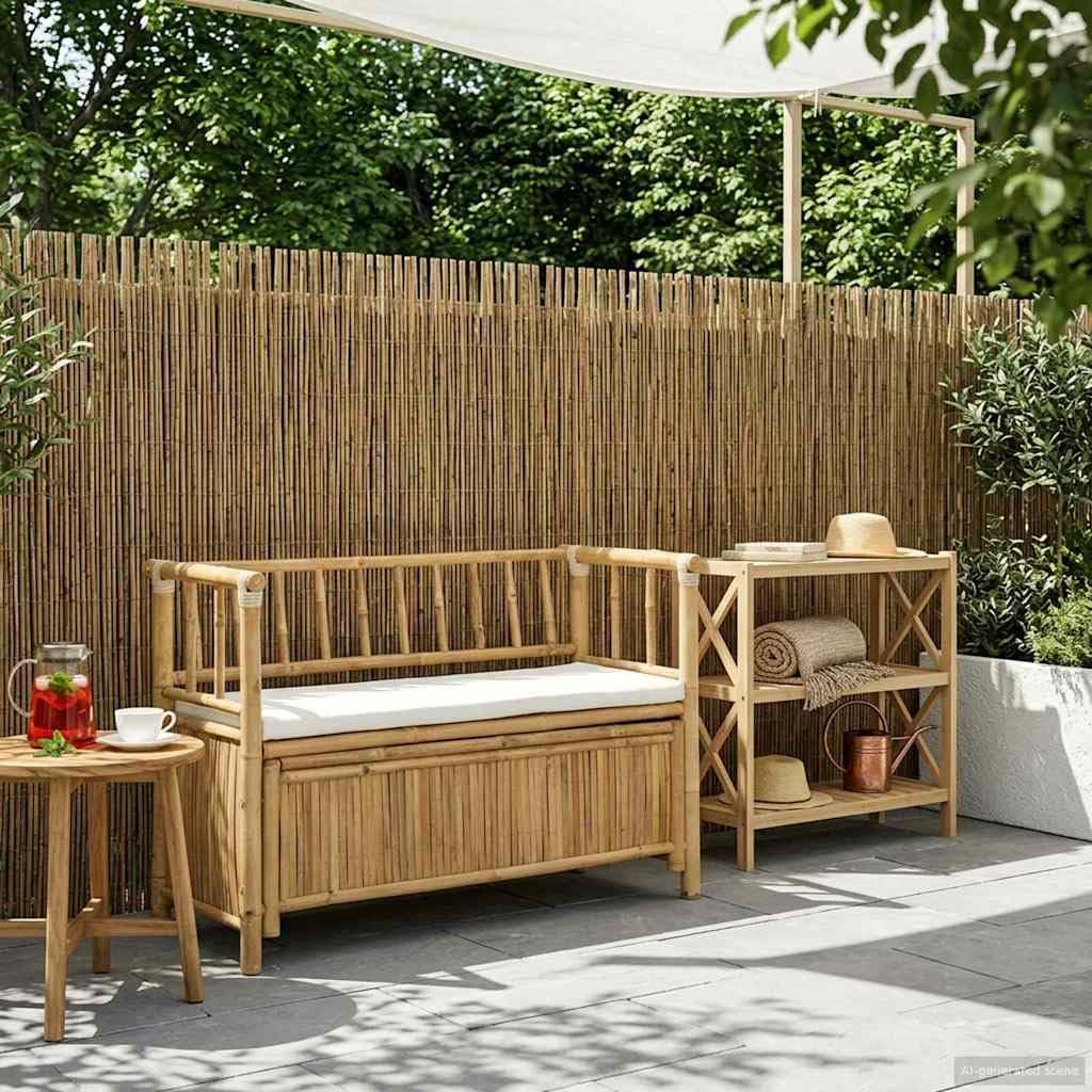 Bamboo Garden Storage Bench 110 x 47 x 80 cm, Natural Finish, Hidden Seat Compartment for Tools and Cushions, Post Leg Design for Stability, Indoor Outdoor Use