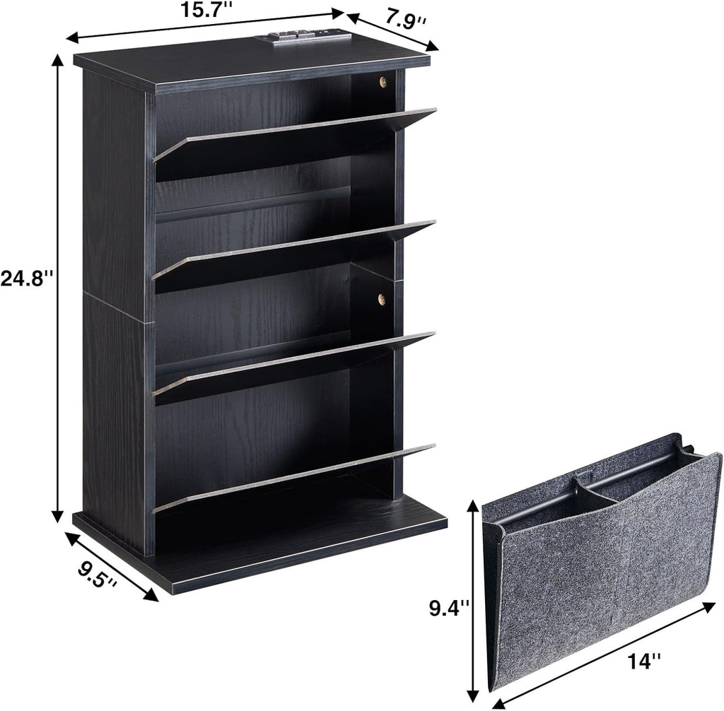 Narrow Side Table with Charging Station Slim End Table with Magazine Book Holder Organizer Rack & Storage Bag, Small Space Skinny Thin Nightstand Couch Sofa Bed Side Table for Bedroom, Living Room
