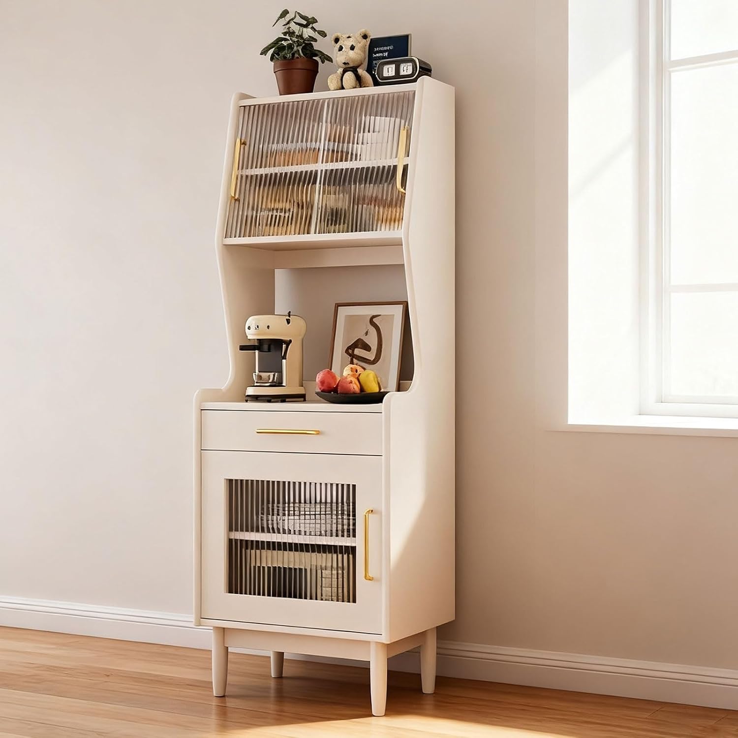 Tall Kitchen Storage Hutch Cabinet, Farmhouse Pantry Storage Cabinet with Sliding Barn Doors, Arched Pantry Cabinet, for Living Room Kitchen(White)
