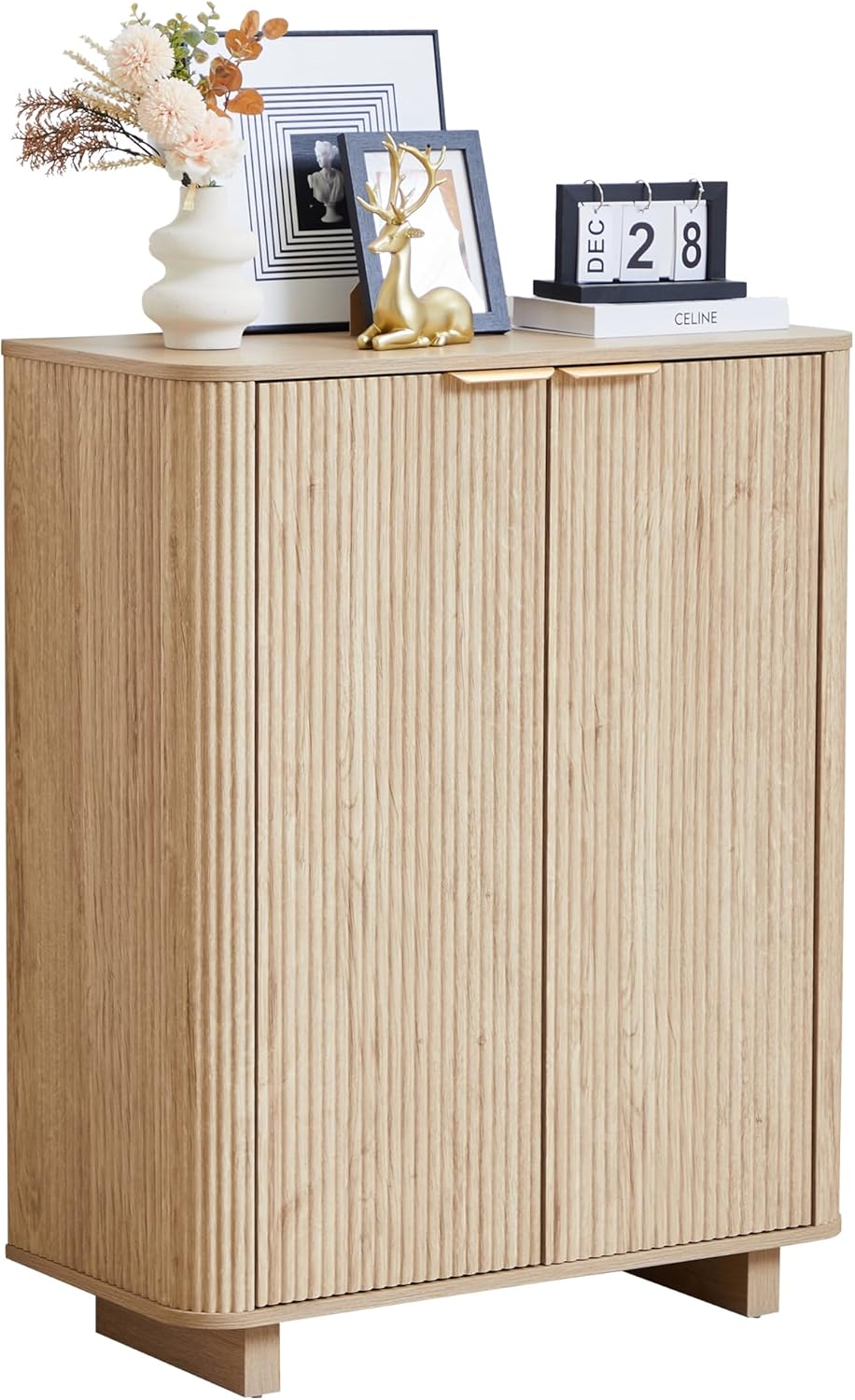 Fluted Entryway Shoe Storage Cabinet with Doors, 5 Tier 39'' Tall Freestanding Modern Shoe Rack Organizer Cabinet with 3 Adjustable Shelves for Hallway, Foyer, Entrance, MDF - Natural