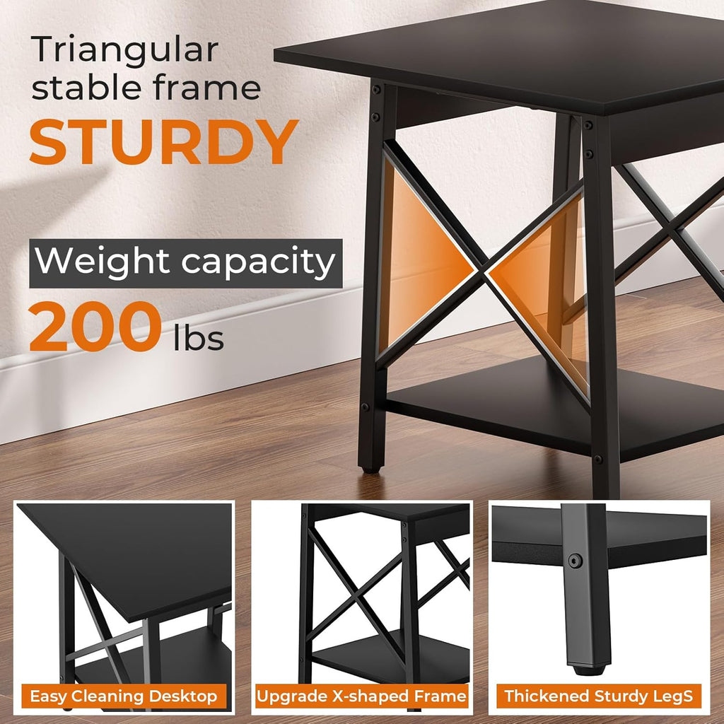 GreenForest Square End Table for Living Room, 20 Inch Large Side Table with X-Frame, Farmhouse Tall Bedside Nightstand with 2-Tier Storage Shelf, Black