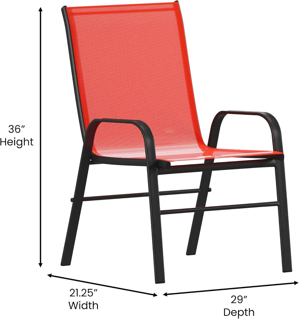 EMMA + OLIVER Alsek Patio Barstools - Powder Coated Steel Frames - Red Textilene Seats - Improved Air Circulation - Integrated Footrests - Set of 4