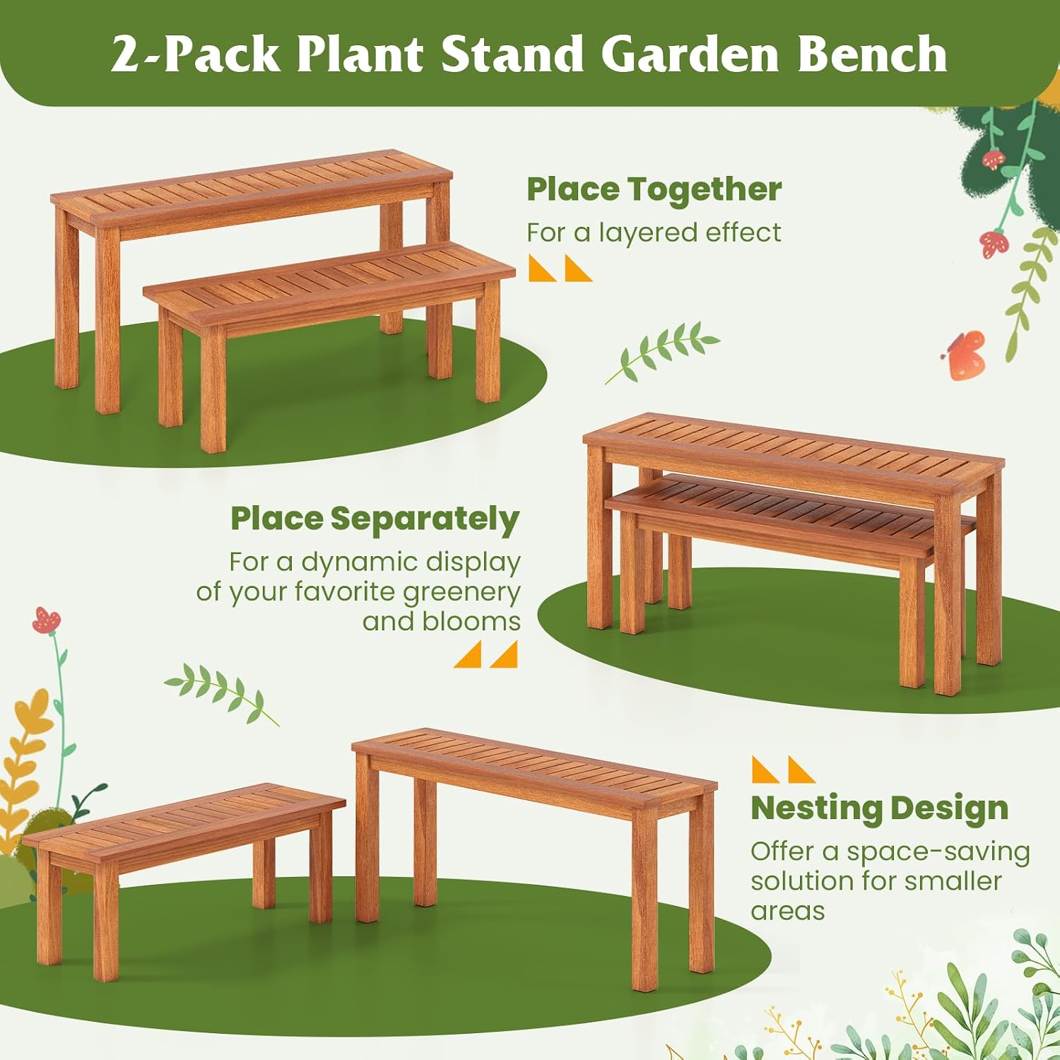 Tangkula Outdoor Backless Bench Set of 2, Solid Wood Patio Benches w/Slatted Seat, 2-Person Rustic Wooden Entryway Bench for Front Porch Garden Balcony Park Indoor, Weatherproof, Load up to 330 LBS