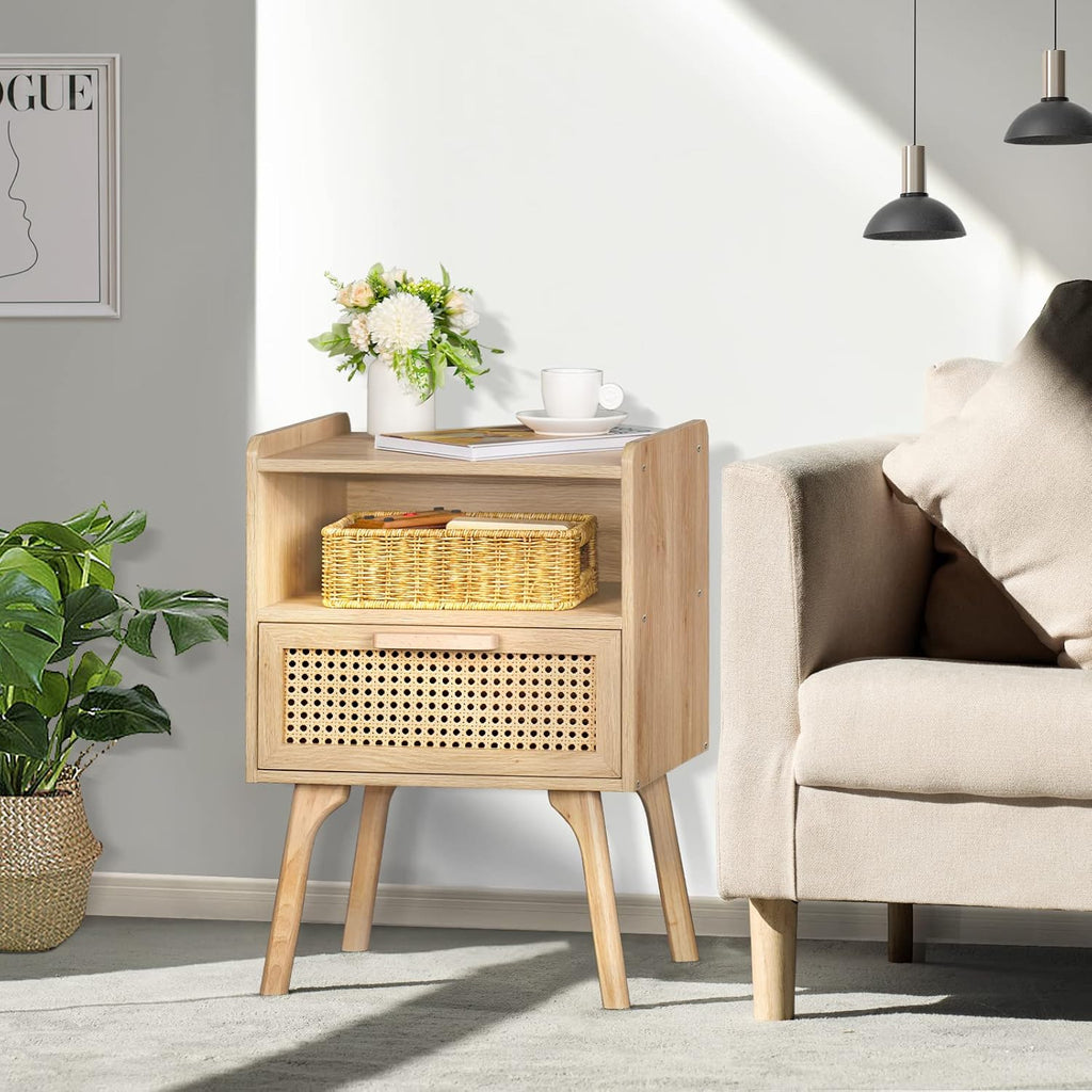 Lerliuo Rattan Nightstand, Boho Side Table with Drawer Open Shelf | Cane Accent Bedside End Table with Solid Wood Legs for Bedroom, Dorm and Small Spaces (Natural)