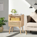Lerliuo Rattan Nightstand, Boho Side Table with Drawer Open Shelf | Cane Accent Bedside End Table with Solid Wood Legs for Bedroom, Dorm and Small Spaces (Natural)