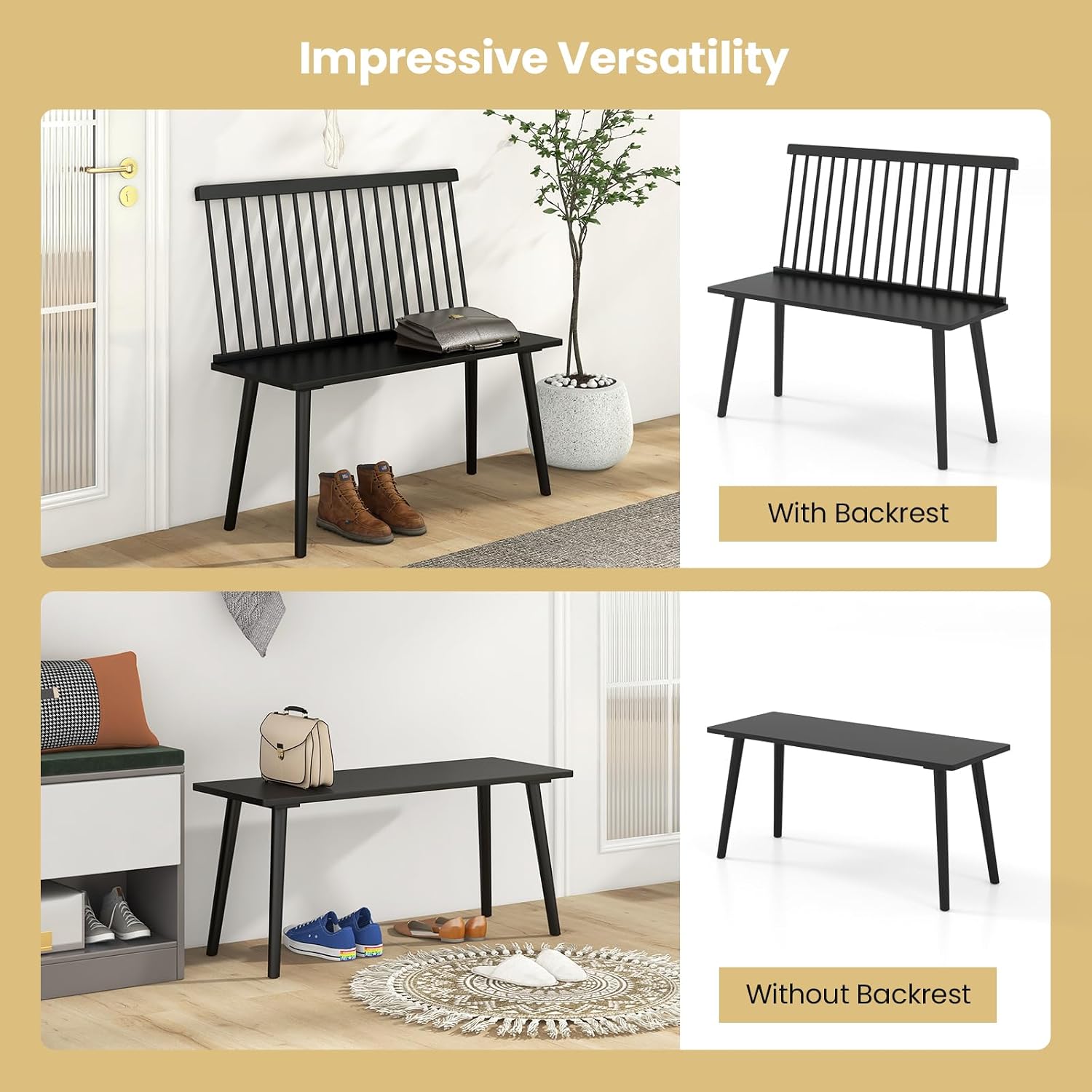 Giantex Dining Bench with Back, Black Windsor Bench with Spindle Back & Anti-Slip Foot Pads, Farmhouse Rubber Wood Dining Bench, Indoor Wooden Entryway Bench for Living Room, Dining Room, Hallway
