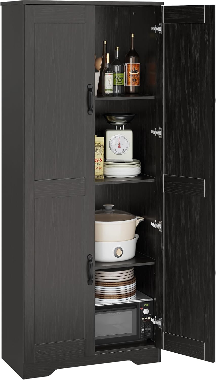 Tall Pantry Cabinet 60 Inch Kitchen Storage Cabinet with 2 Doors and Adjustable Shelves Freestanding Wooden Cupboard for Bathroom Dining Room Living Room Black Durable Design Space-Saving Organizer
