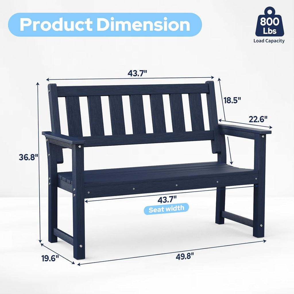 HDPE 2-Person Outdoor Bench, Poly Lumber All-Weather Patio Garden Bench with Backrest, 50 Inch Heavy-Duty Memorial Bench with 800 Lbs Capacity for Outside, Yard, Porch, Balcony and Park (Blue)