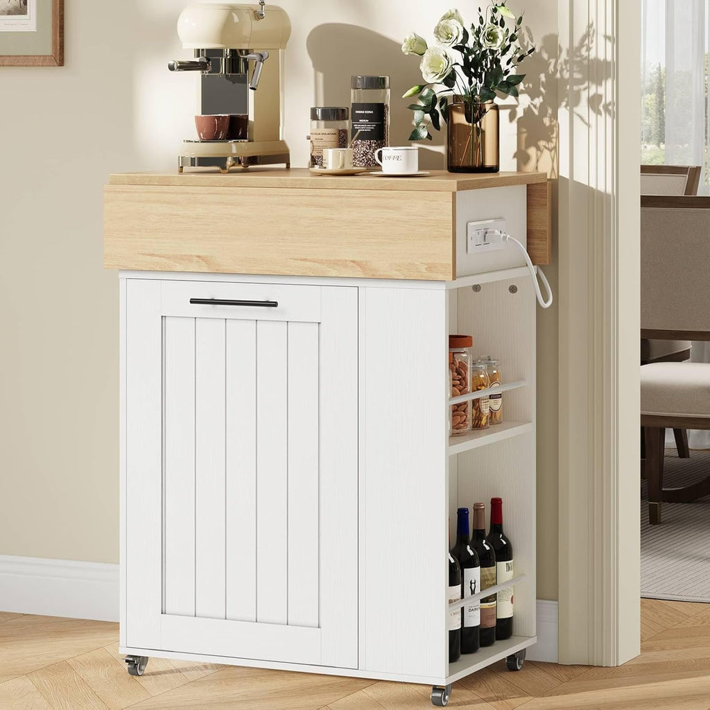 HOOBRO Kitchen Island with Trash Can Storage, Rolling Kitchen Island with Drop Leaf Countertop, Island Table with Power Outlet & Spice Rack, for 10 Gallon Garbage Bin, White and Natural WN33UZD01