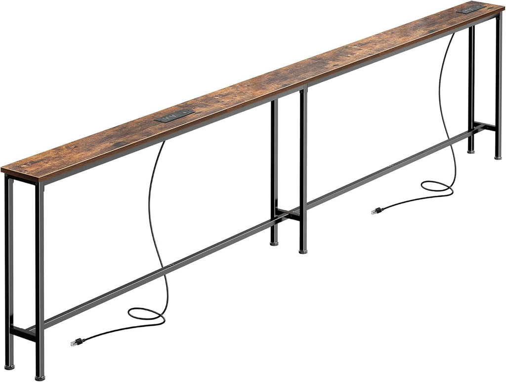 SUPERJARE 102 Inch Sofa Table with 2 Power Outlets and USB-C Ports, 5.9 Inch Narrow Console Table with Storage, Extra-Long, for Entryway Hallway Couch Behind Sofa, Small Spaces, Rustic Brown