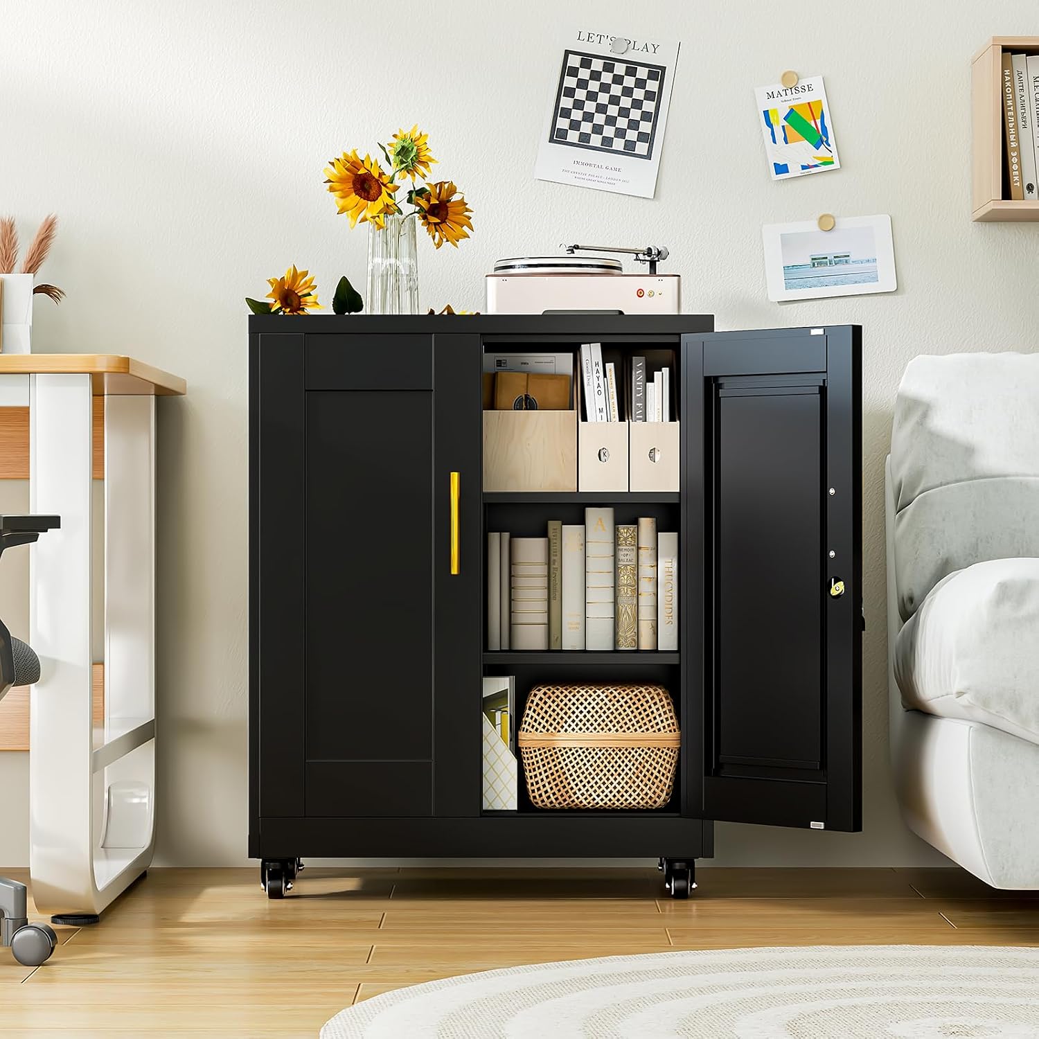 Metal Storage Cabinet with Wheels, 36" Tall Locking Storage Cabinet with 2 Adjustable Shelves, Locking Garage Cabinet, Steel Locker Organizer, for Office, Home, School, Black
