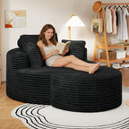 Oversized Round Chaise Longue Chair with Ottoman, Modern Corduroy Deep Seat Circle Single Cloud Boneless Floor Accent Chair w/Cup Holders for Living Room, Bedroom Apartment, 55" W * 74.6" D, Black