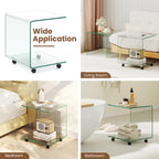 BECOMFORT Tempered Glass C-Shape End Table, Rolling Side Table with 4 Lockable Universal Wheels & Storage, Mobile Clear Night Stand for Sofa Couch Living Room Bedroom Office (1, Clear)