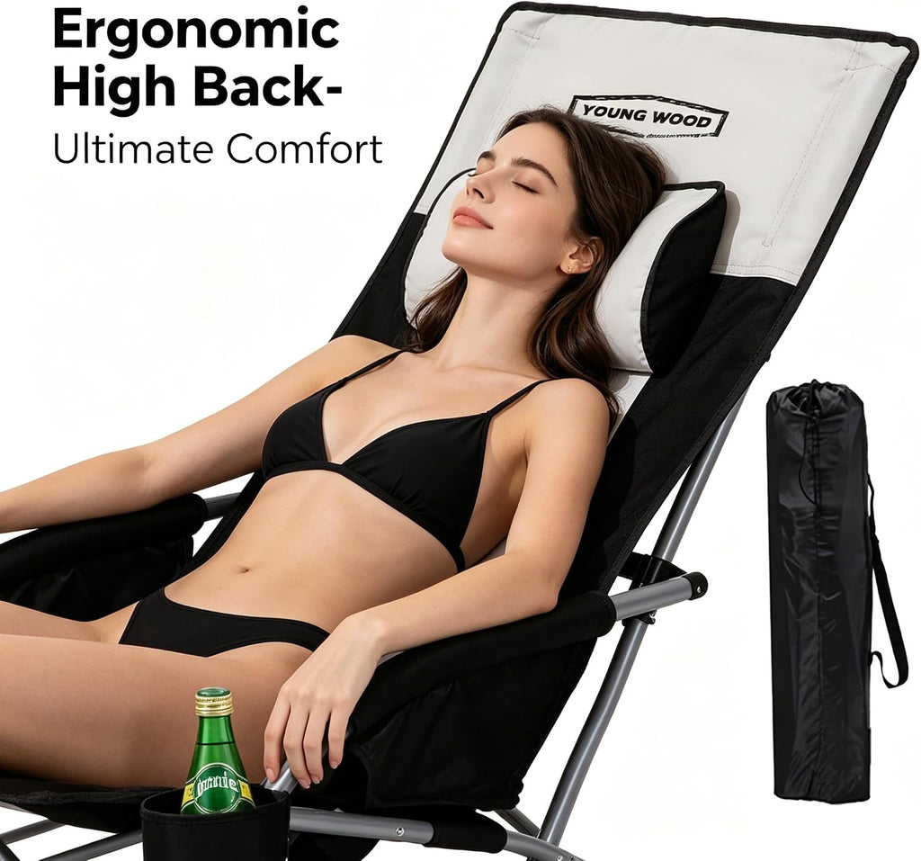 YOUNG WOOD High Beach Chair, Camping Chair, High Back Extra Wide Seat Chair with Comfortable Pillow & Storage Pocketsuitable for Adults, Children and Pets Fishing, PLoad Capacity 350lb,Black.1p