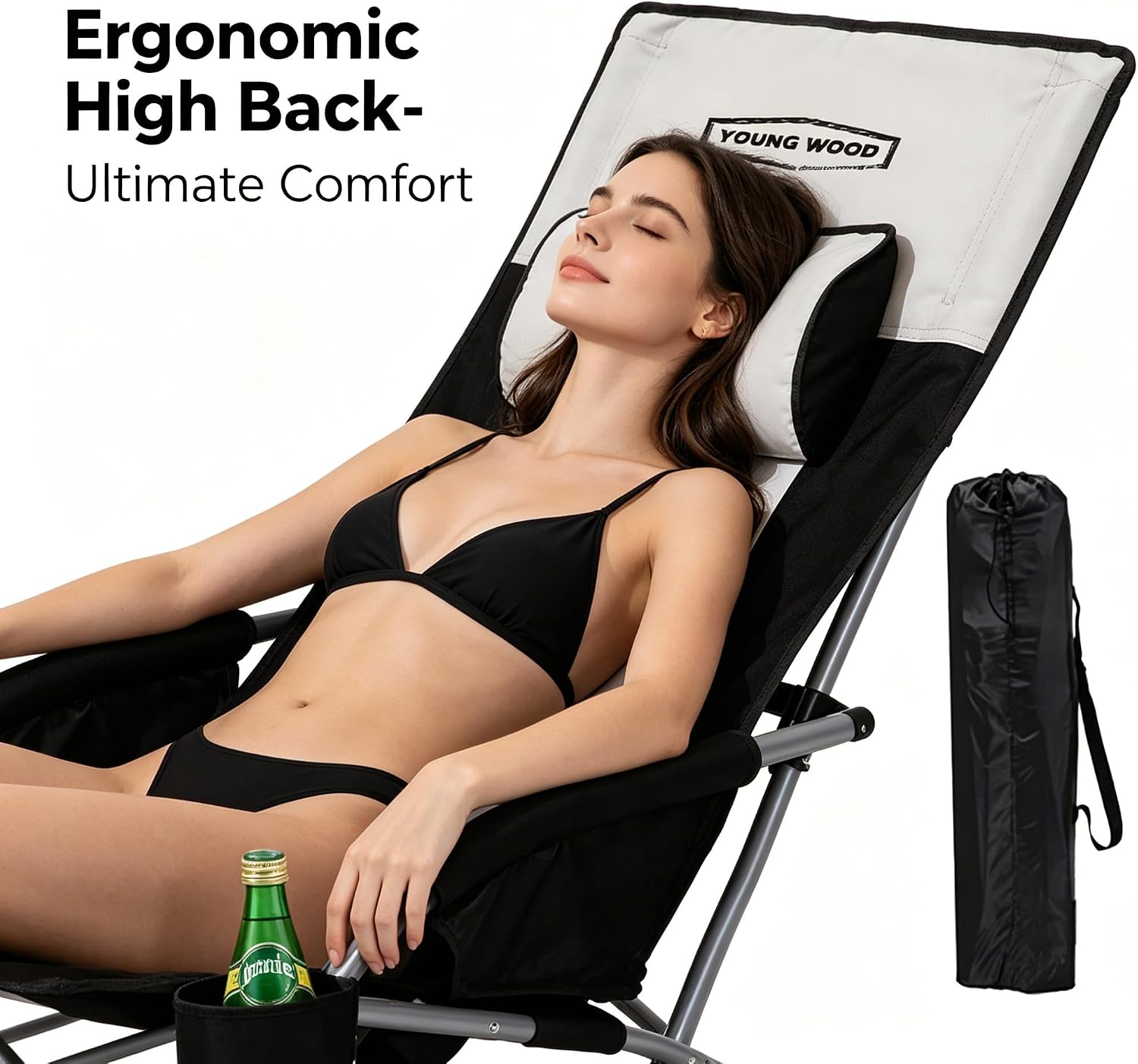 YOUNG WOOD High Beach Chair, Camping Chair, High Back Extra Wide Seat Chair with Comfortable Pillow & Storage Pocketsuitable for Adults, Children and Pets Fishing, PLoad Capacity 350lb,Black.1p