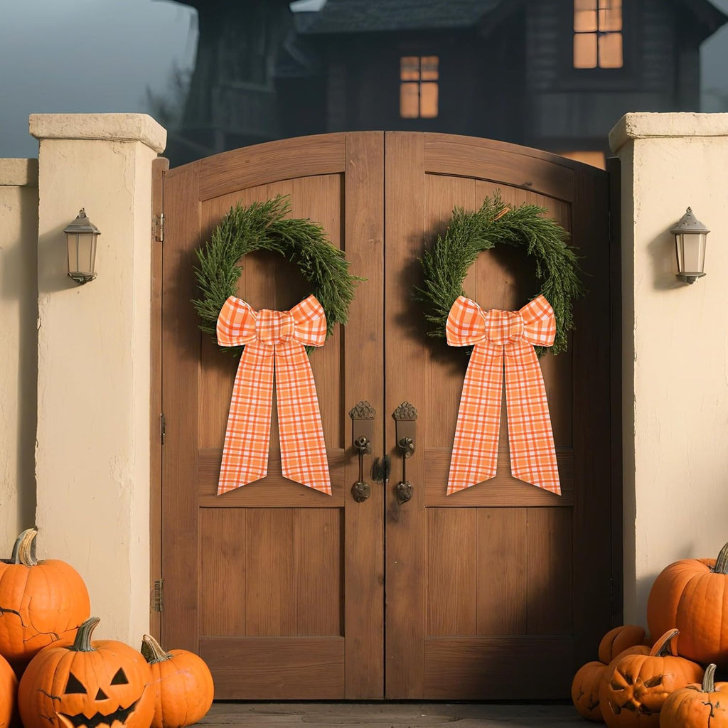 Orange Fall Wreath Sash for Front Door Farmhouse Thanksgiving | 2 Pcs, Plaid, 60 Inch, DIY Embroidery, Autumn