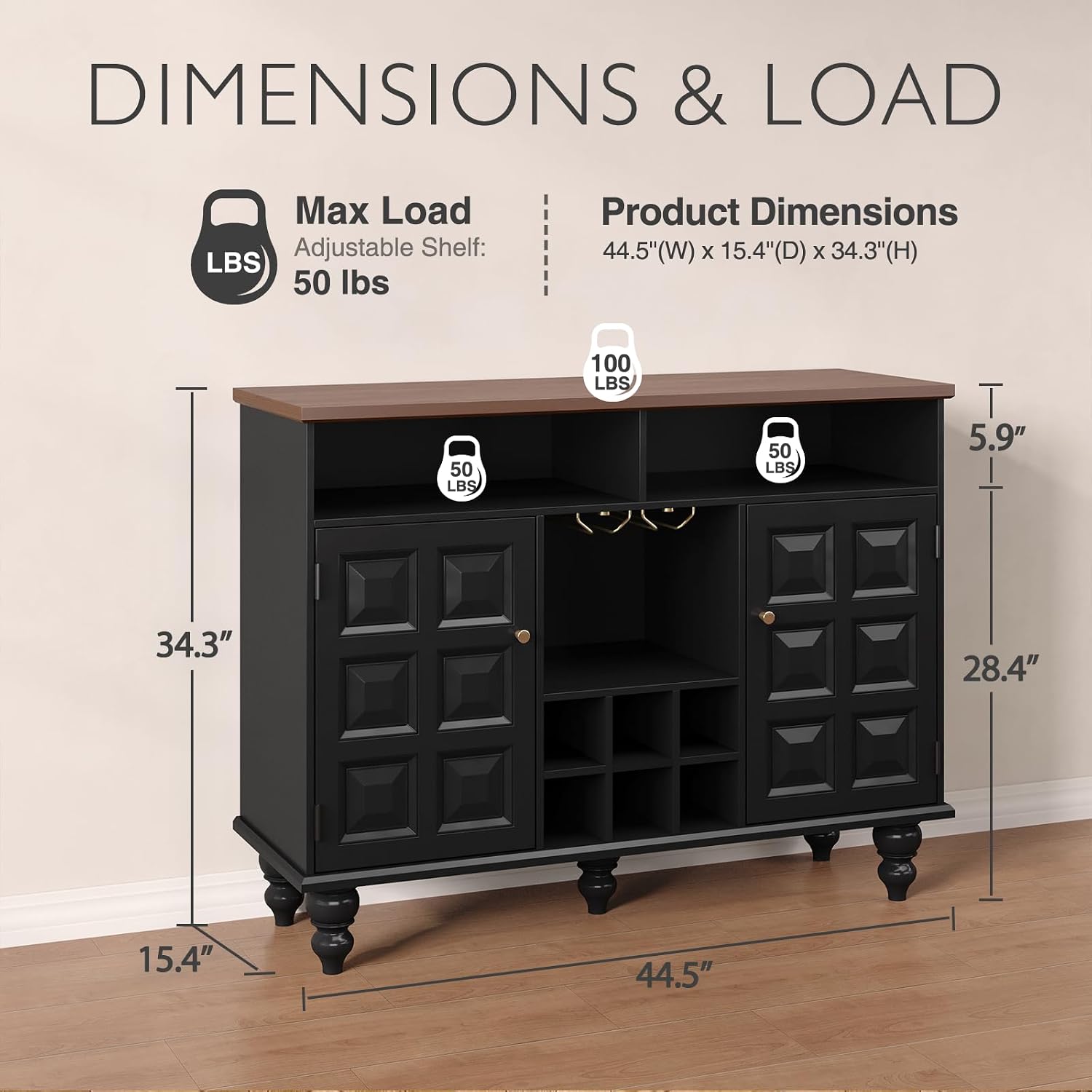 Vabches 45" Wine Bar Cabinet with Wine Rack and Glass Holder, Mid Century Modern Farmhouse Liquor Coffee Bar with Storage & Retro Square Doors, Sideboard Buffet Cabinet for Kitchen Dining Room, Black