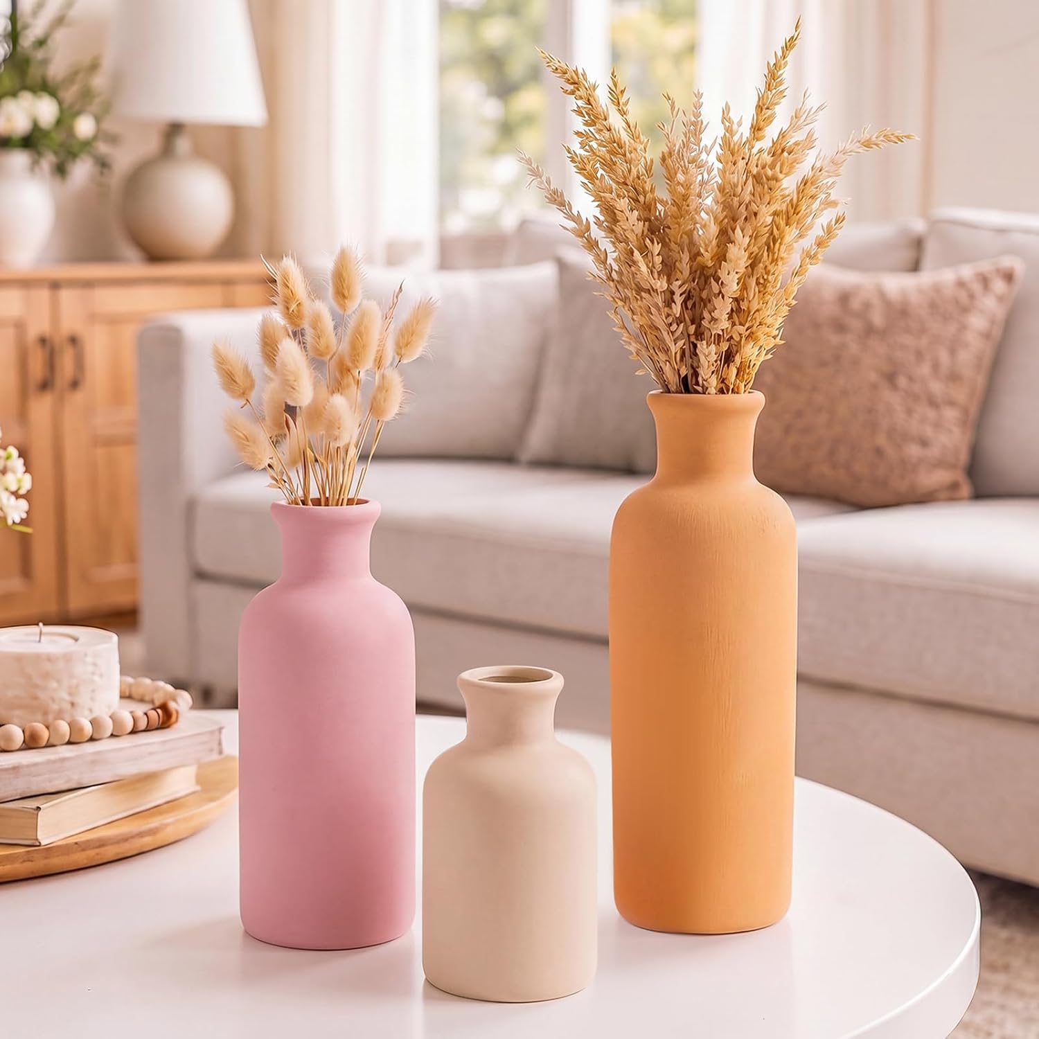 Domensi Modern Ceramic Vase Set of 3 Pink Orange Boho Vases for Home Farmhouse Rustic Decorative Bottles for Living Room Bedroom Shelf Table Bookshelf Entryway Decoration Housewarming Gift