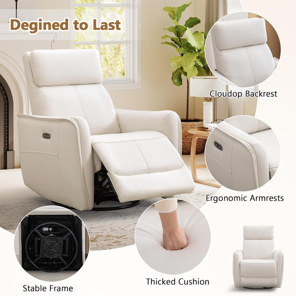 HAOMARKETS Electric Swivel Rocker Recliner Chair, Power Faux Leather Glider Rocking Recliners for Adults,360° Swivel Nursery Reclining Sofa with USB Charging Port, White