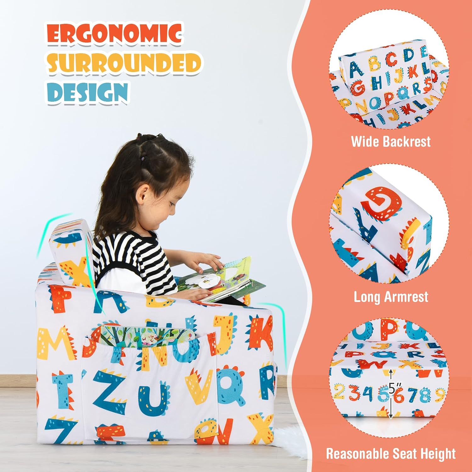 COSTWAY Kids Sofa, 2-in-1 Convertible Sofa to Lounger for Children with Side Storage Pocket, Flip Open Couch with Cut Patterns, Lightweight Toddler Furniture for Boys Girls (Alphabet)