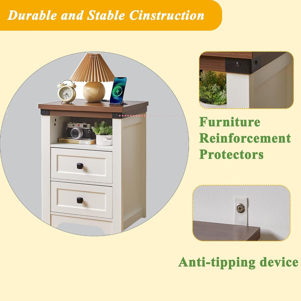Farmhouse Night Stand with LED Lights,Charging Station, End Table with 2 Drawers & Open Shelf, Modern Bedside Table with USB Ports & Outlets, Side Table Wood for Bedroom Living Room, White
