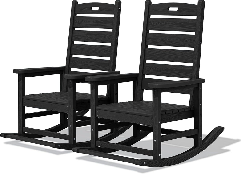 SERWALL Outdoor Rocking Chair Set of 2, Oversized Rocking Chair with Footboard for Adults, HDPE All Weather Resistant Rocking Chairs for Patio, 350lbs Weight Capacity, Black