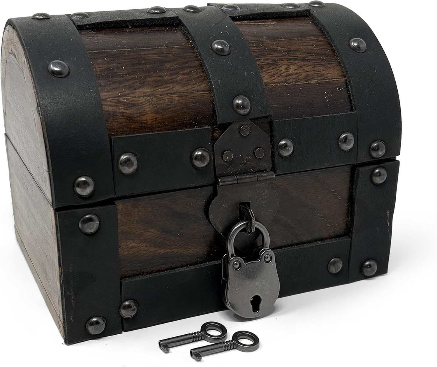 Nautical Cove Handmade Wooden Treasure Chest Storage Box – Deluxe Design with Real Leather Accents, Working Iron Lock & Skeleton Keys, Decorative Keepsake Chest (X-Small - 5.5 x 4 x 4)