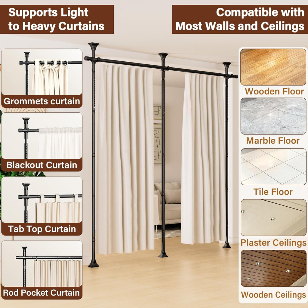 Abiglifty Room Divider Curtain Rod No Drilling, Adjustable 4-10ft(H) 28-114inch(W) Wall Divider for Room Separation, Heavy Duty Floor to Ceiling Tension Curtain Stand, Black