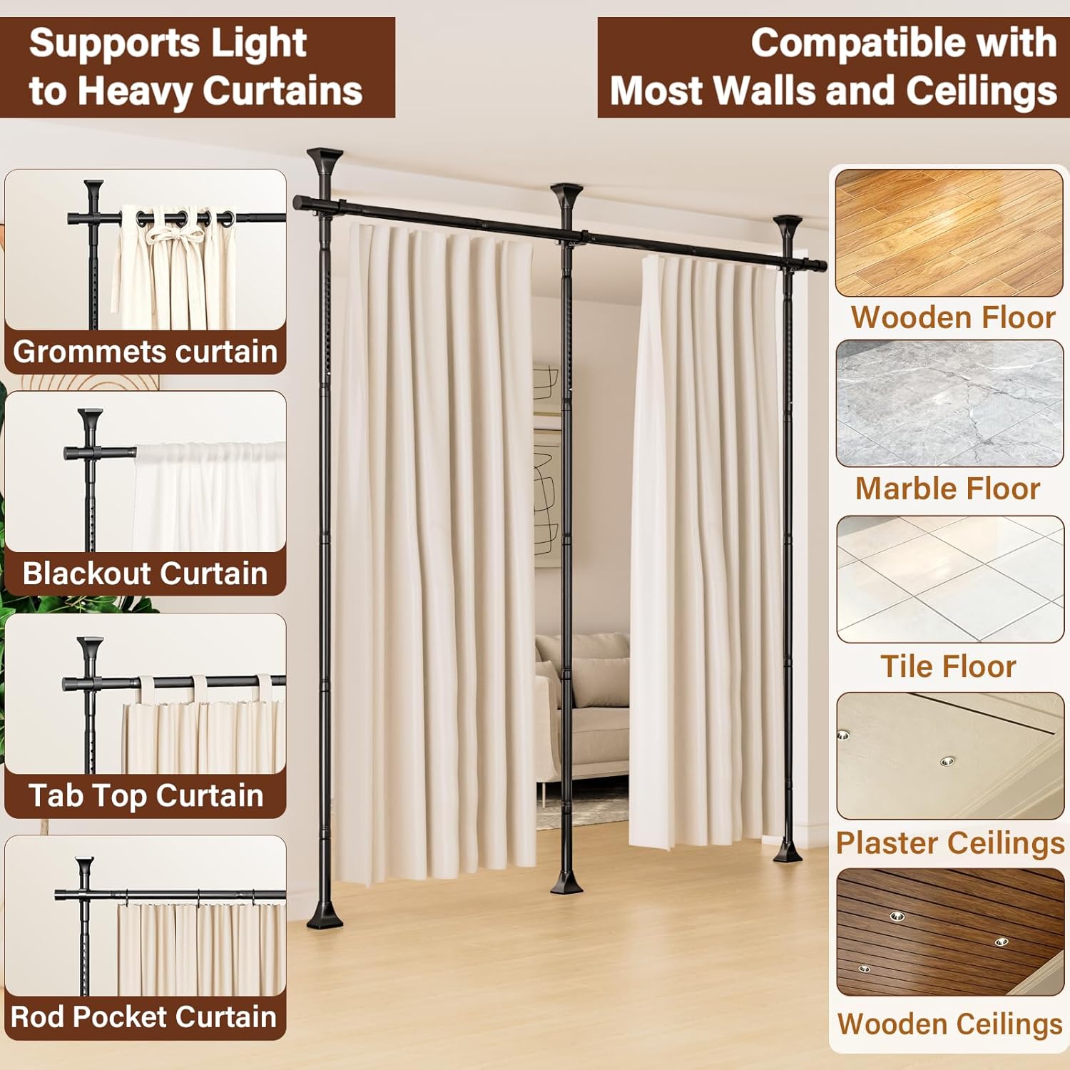 Abiglifty Room Divider Curtain Rod No Drilling, Adjustable 4-10ft(H) 28-114inch(W) Wall Divider for Room Separation, Heavy Duty Floor to Ceiling Tension Curtain Stand, Black
