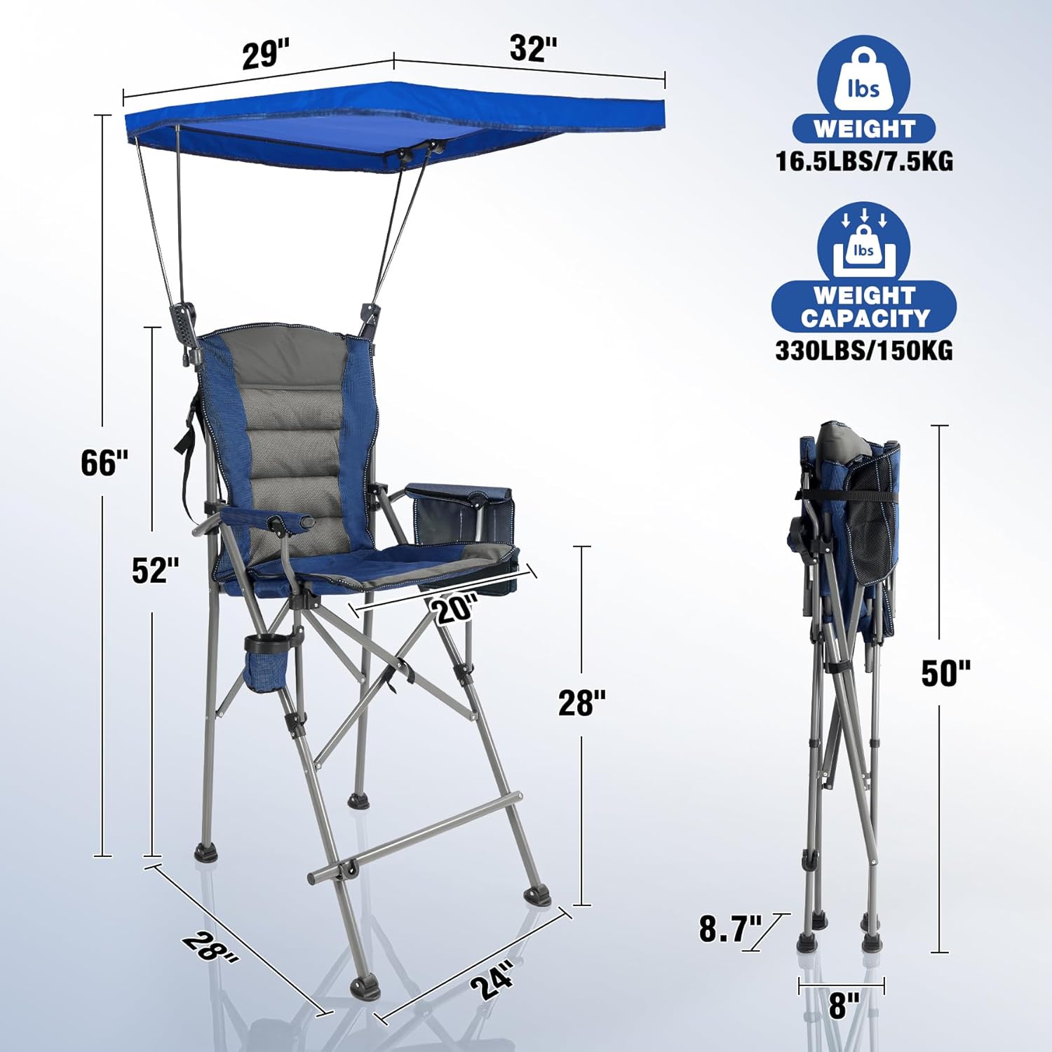 Extra Tall Folding Chairs with Canopy Shade for Adults, Portable Height Foldable Director Chairs with Umbrella for Concerts Sports Events Camping Outside with High Back, Blue 2 Pack