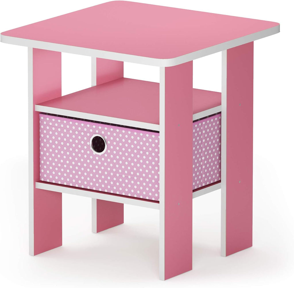 Furinno Andrey Side Table with Bin Drawer, Pink End Table with Open Shelves, Night Stand, Bedside Table, for Living Room, Bedroom, Pink