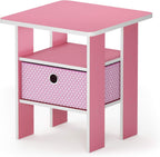 Furinno Andrey Side Table with Bin Drawer, Pink End Table with Open Shelves, Night Stand, Bedside Table, for Living Room, Bedroom, Pink