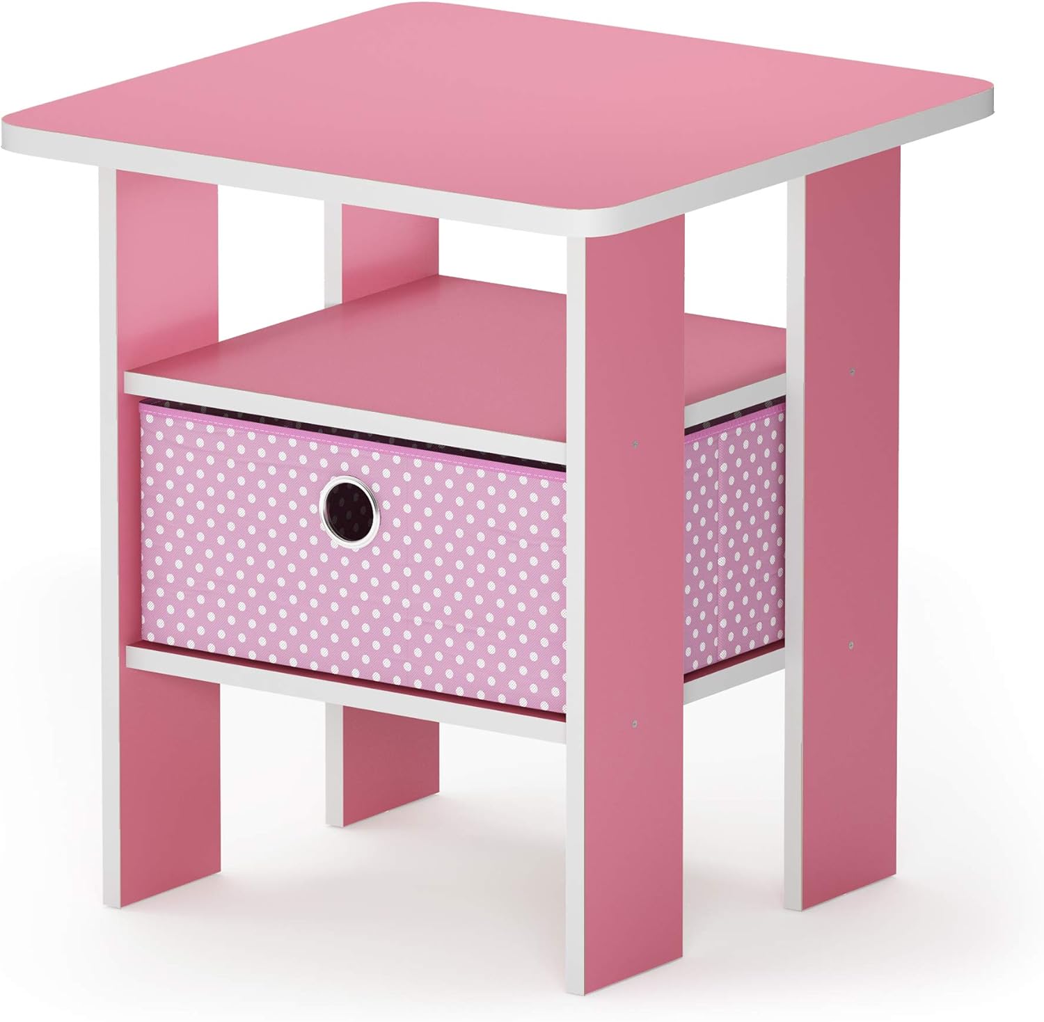 Furinno Andrey Side Table with Bin Drawer, Pink End Table with Open Shelves, Night Stand, Bedside Table, for Living Room, Bedroom, Pink