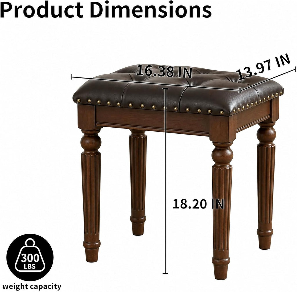 Black Faux Leather Vanity Stool | Small Tufted Bench, Nailhead Trim, Leatherette Seat, Carved Walnut-Finish Solid Wood Legs, Backless Makeup Stool