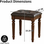 Black Faux Leather Vanity Stool | Small Tufted Bench, Nailhead Trim, Leatherette Seat, Carved Walnut-Finish Solid Wood Legs, Backless Makeup Stool