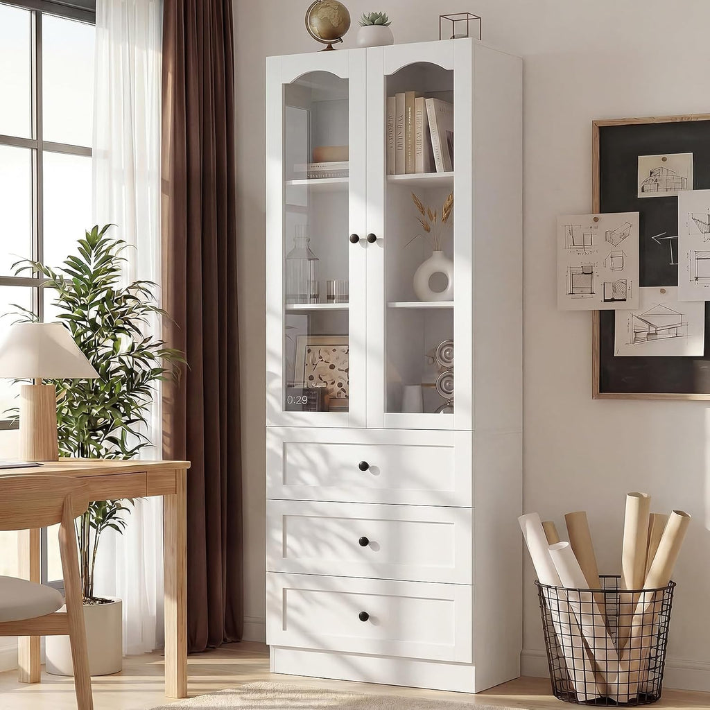 Cyclysio 80" Tall Pantry Cabinet for Kitchen Storage, White Pantry Cabinet with Glass Doors & 3 Drawers - Freestanding Storage Bookcase with Built-in Baseboard Notch for Dining, Living Room