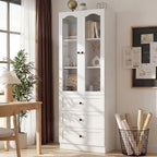 Cyclysio 80" Tall Pantry Cabinet for Kitchen Storage, White Pantry Cabinet with Glass Doors & 3 Drawers - Freestanding Storage Bookcase with Built-in Baseboard Notch for Dining, Living Room