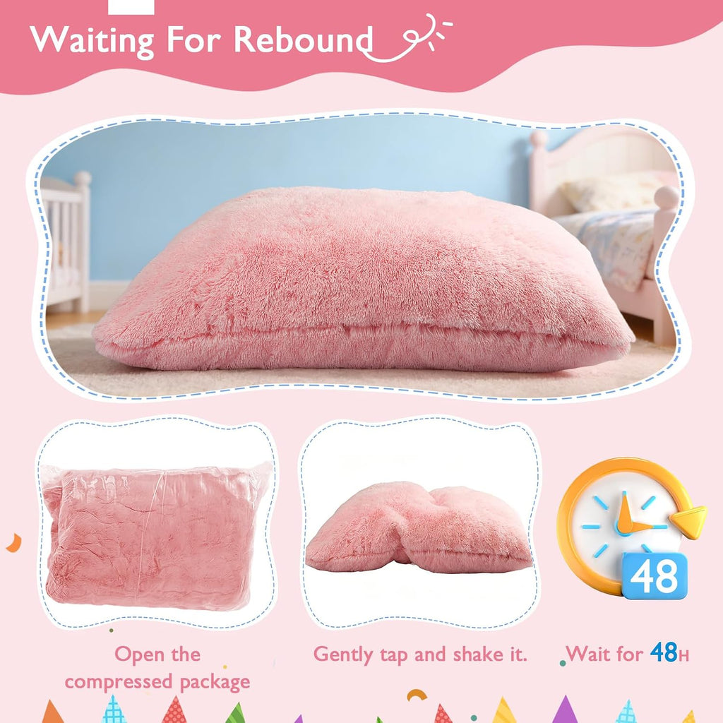 3 in 1 Kids Bean Bag Chair Bed, Kids Fluffy Stuffed Floor Pillow for Gaming and Reading, Ultra Soft Faux Fur Fabric Bean Bag Chairs to Lounger for Playroom, Living Room, Bedroom, Pink