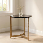 Metal Accent Table with Glass Top, Modern Round Side Table for Living Room and Bedroom, No Assembly Required, Indoor/Outdoor, Glass and Metal Home Decor, Living Room Accent Table – 18", Gold
