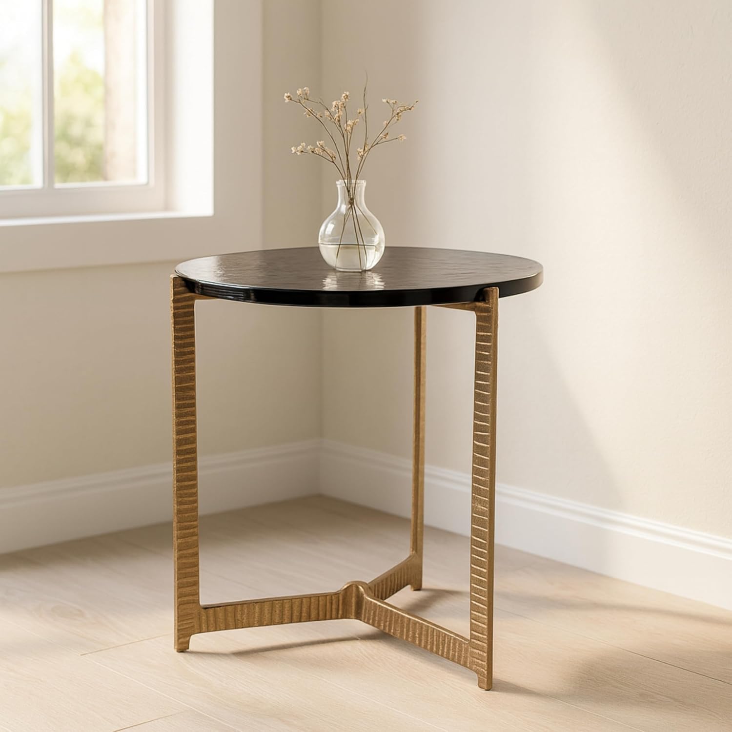 Metal Accent Table with Glass Top, Modern Round Side Table for Living Room and Bedroom, No Assembly Required, Indoor/Outdoor, Glass and Metal Home Decor, Living Room Accent Table – 18", Gold