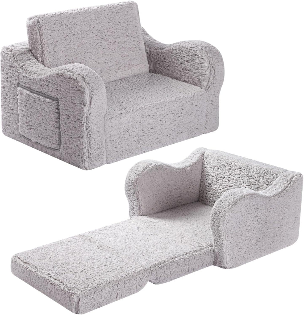 MOMCAYWEX Kids Sofa, 2-in-1 Flip-Out Foam Couch with Soft Sherpa Cover, Cozy Play Lounge Chair, Grey