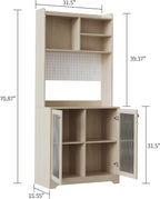 71" Tall Pantry Cabinet with 2 Glass Doors, Freestanding Kitchen Storage Cabinet with Open Storage & Adjustable Shelves, Modern Farmhouse Cupboard Coffee Bar for Dining Room, Living Room, Natural