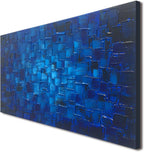 MyArton Textured Abstract Squares Canvas Wall Art Hand Painted Modern Dark Blue Oil Painting Picture for Home Decoration Ready to Hang 40x20inch