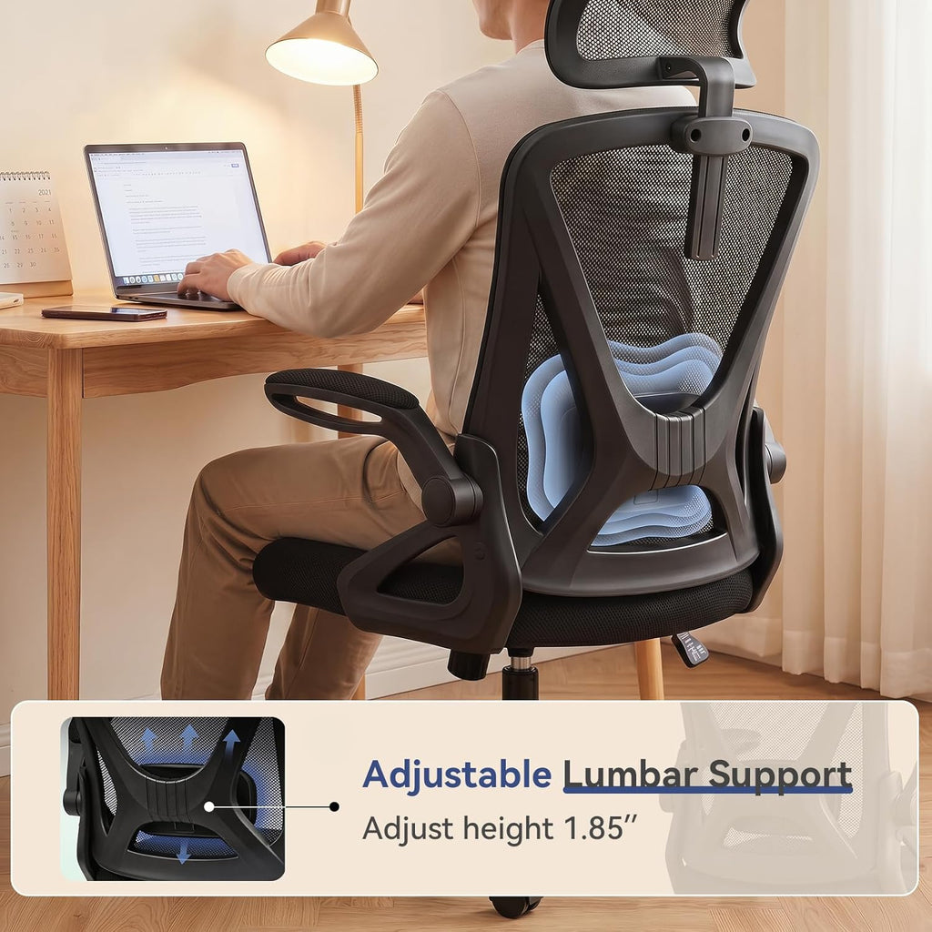 Mesh Office Chair with Adjustable Lumbar Support, Ergonomic High Back Desk Chair with Headrest, Swivel Rolling Computer Chair for Home Office (Black)