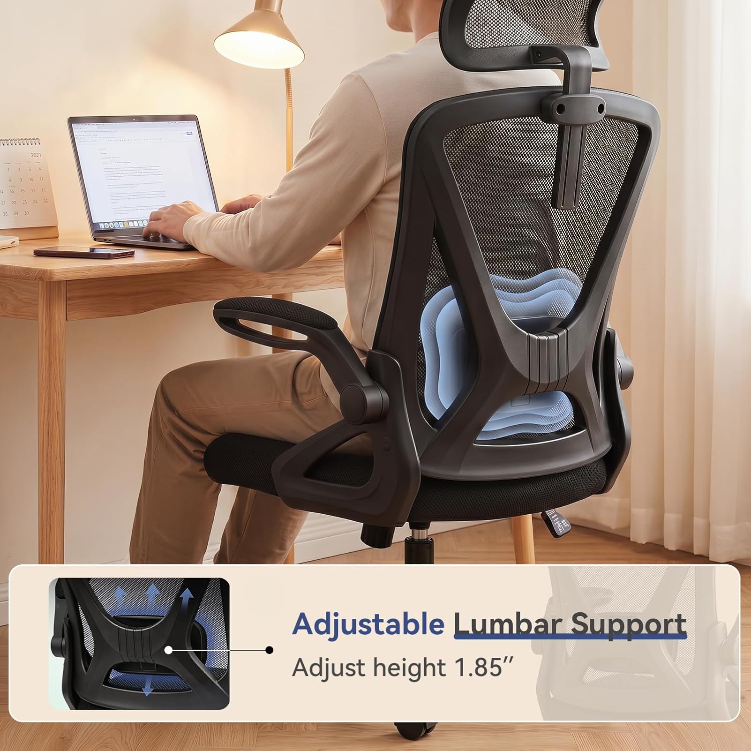Mesh Office Chair with Adjustable Lumbar Support, Ergonomic High Back Desk Chair with Headrest, Swivel Rolling Computer Chair for Home Office (Black)