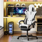 Ferghana Breathable Fabric Ergonomic Gaming Chair, Ergonomic High Back Gamer Chair with Footrest and Linkage Armrest, Office Computer Video Game Chair for Adult, White/Black
