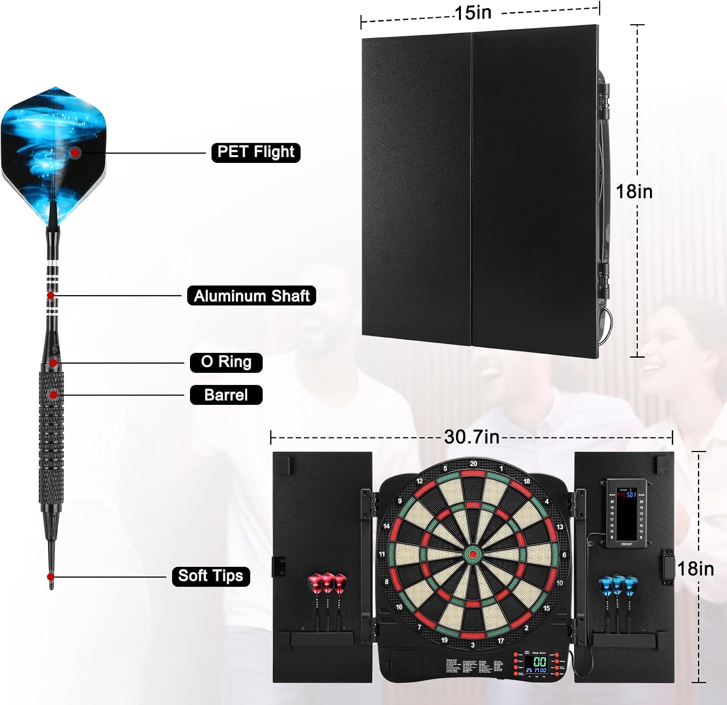 Electronic Dartboard Cabinet, Digital Soft Tip Dartboards with LED Scoreboard, Dart Board Set with 40 Games 420 Variants, 6 Darts, 100 Tips