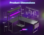 AODK L Shaped Desk Gaming Desk with LED Light & Power Outlet, 53 Inch Reversible L Shaped Computer Table with Shelf & Storage Bag & Hook for Home Office, Black
