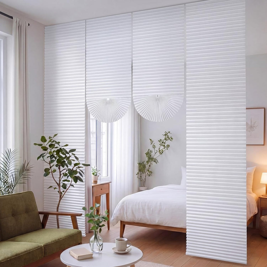 Threehoney 4 Pcs Non Woven Room Divider 30 x 118 Inch No Drilling Pleated Blinds for Room Separation Adjustable Temporary Light Filtering Privacy Screen Wall Divider for Home Bedroom Office