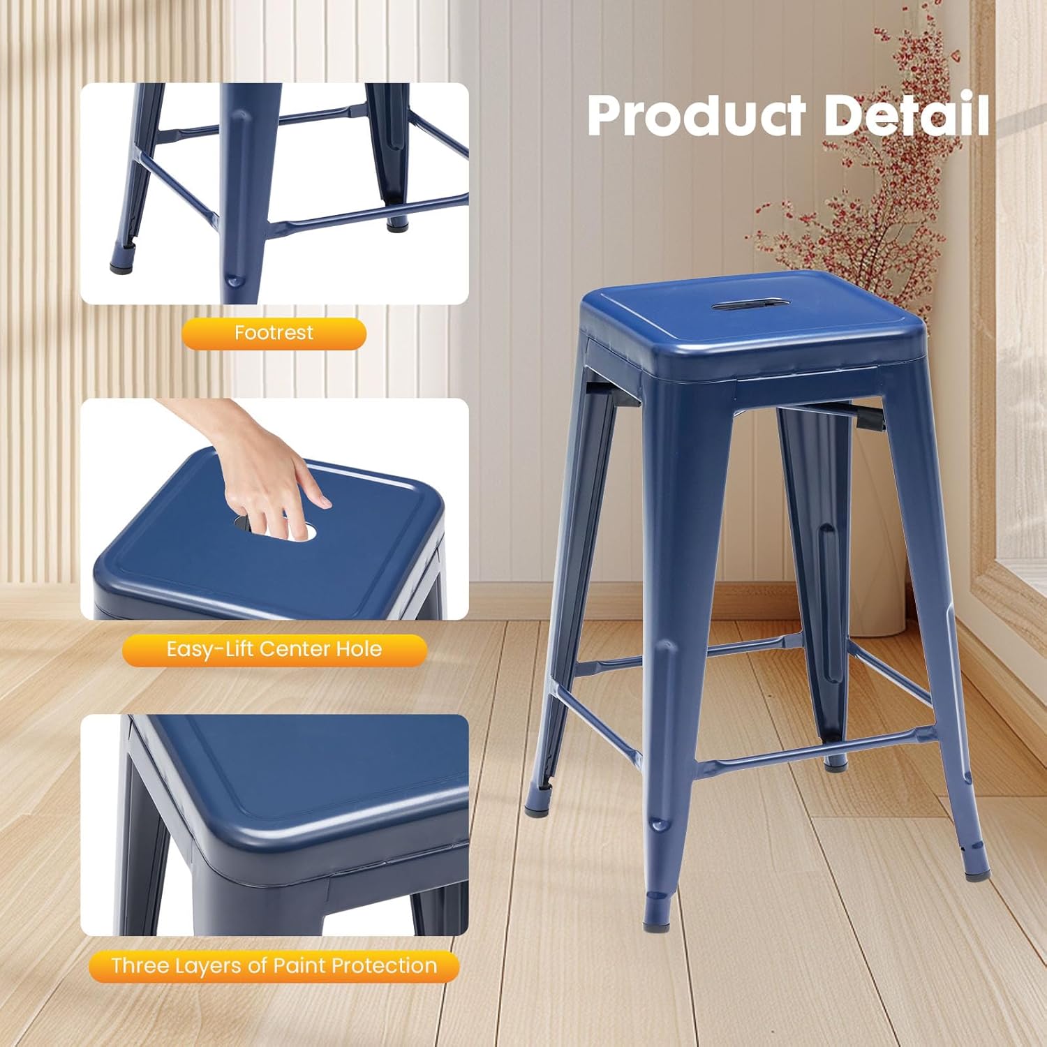 Sweetcrispy Metal Bar Stools Set of 4, 24 Inch Stackable Restaurant Classic Trattoria Metal Chairs, Backless Counter Height Barstool Chairs for Dining Room, Kitchen Island, Indoor Outdoor Use, Blue